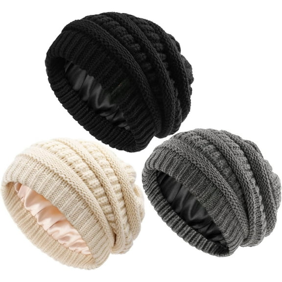 3 Pack Womes Slouchy Winter Beanies Knit Hat Satin Lined Thick Warm Fashionable Skull Cap