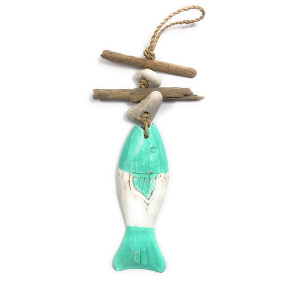 Driftwood Garland Fish w/ White Stone 12" Turquoise | #lis3100730