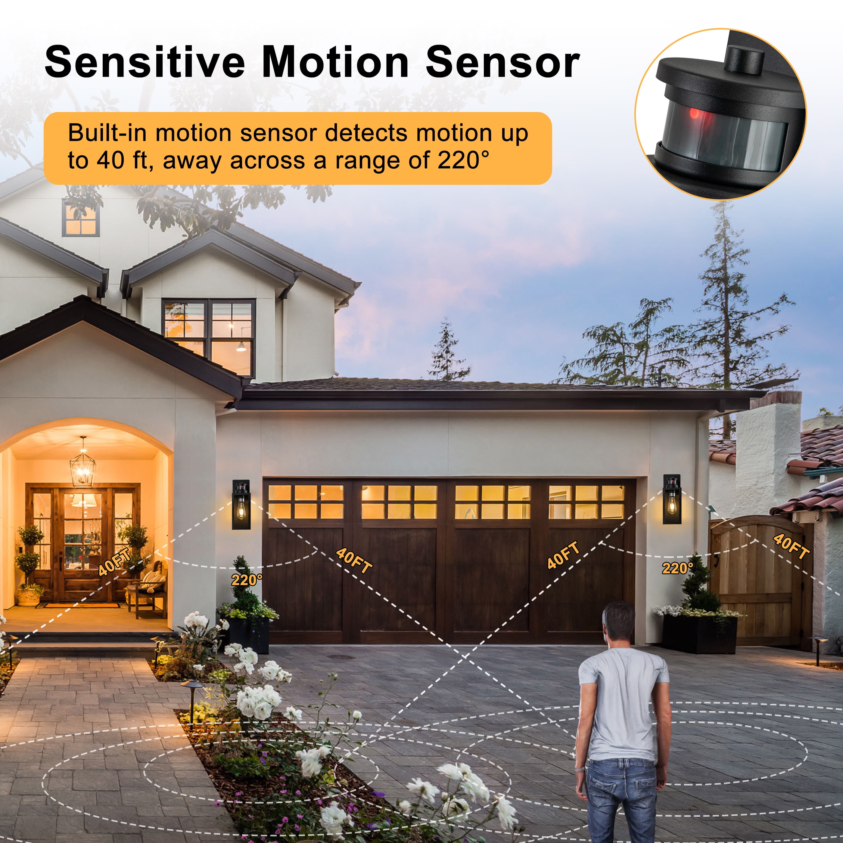 C Cattleya Matte Black Motion Sensor Outdoor Wall Lantern, Dusk to Dawn Outdoor Wall Lights Fixtures Porch Lights, Waterproof Exterior Wall Sconces E26 Socket, 2-Pack