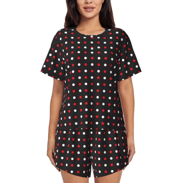 Balery Red and white polka dots Conjunto de Pijama para Mujer con Estampado, Dos Piezas de Manga Corta y Shorts, Ropa de Dormir Suave con Cuello Redondo y Bolsillos-Small