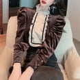 thumbnail image 4 of PIKADINGNIS Autumn New Retro Palace Style Blouses Hit Color Wood Ear Stitching Women Blouse Stand Collar Korean Velvet Shirts, 4 of 6