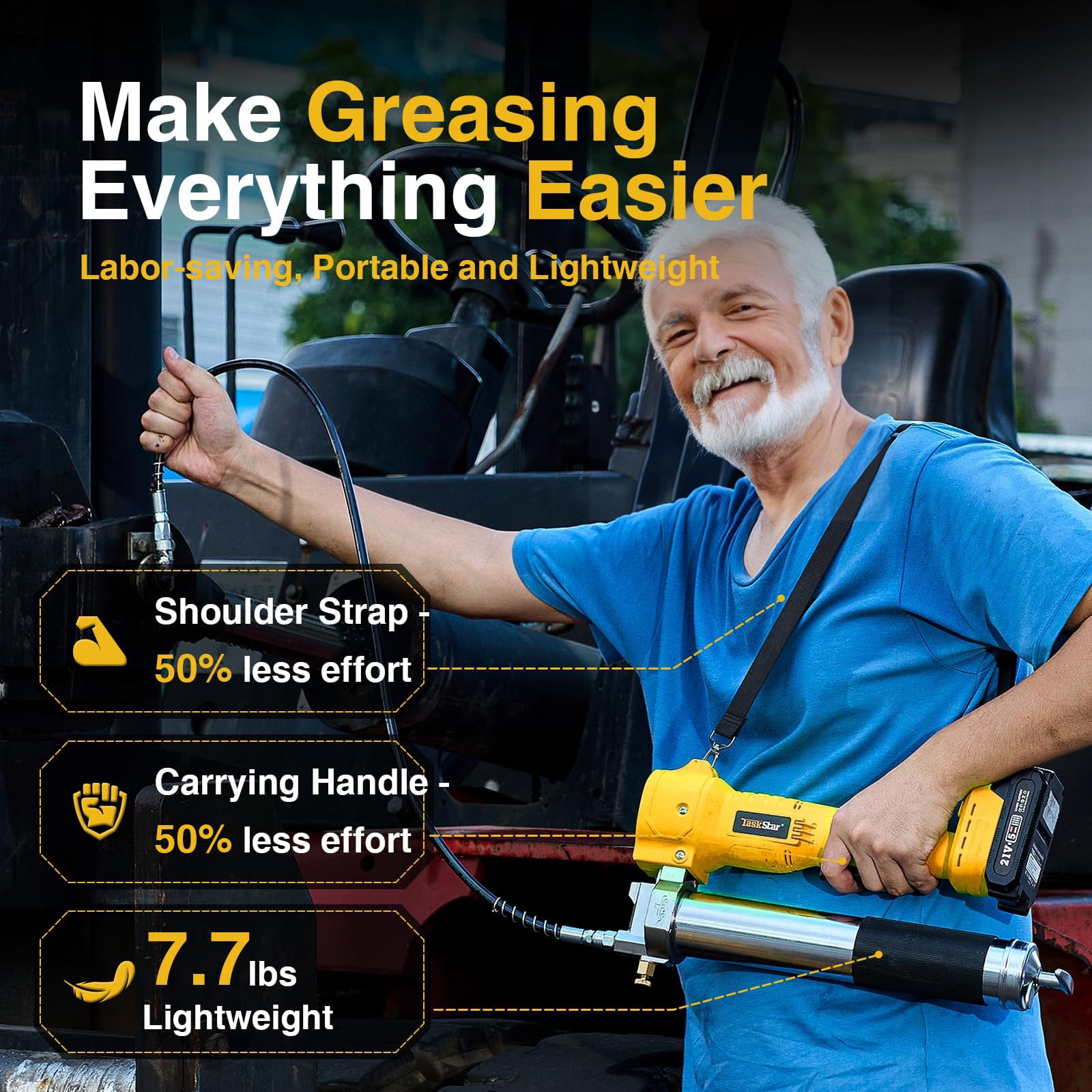 TaskStar Grease Gun with Lock-On Trigger for Effortless Greasing, Cordless Electric Grease Gun Kit, 2 Batteries, 40" Hose & LED Light, 14 oz Capacity for Tractor, Truck & Equipment Maintenance