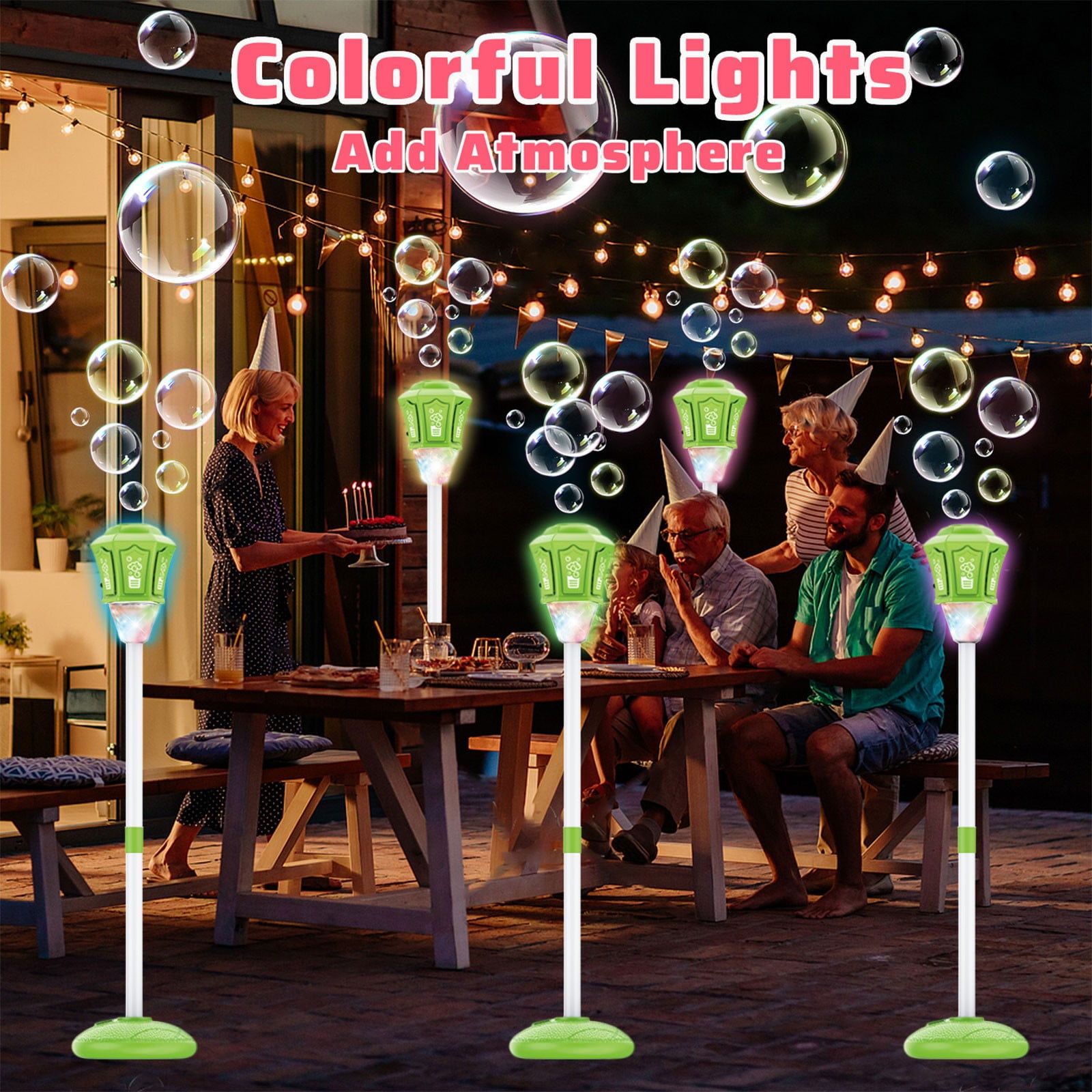 Automatic Bubble Machine Blower, Outdoor Indoor Bubble Maker with Colorful LED Lights and Music, Rechargeable Bubble Blower for Garden Park Parties, 46x8x8 Inches