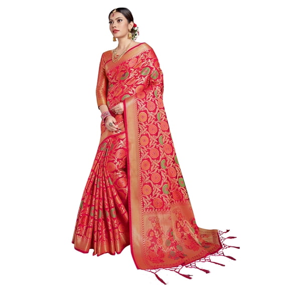 Sarees for Women Banarasi Patola Art Silk Woven Saree l Indian Ethnic Wedding Gift Sari with Unstitched Blouse Pink