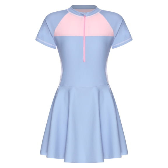 Raenseen Teen Girls One-piece Short Sleeve Swim Dress Color Block Swimsuit Bathing Suit Light Blue XXL