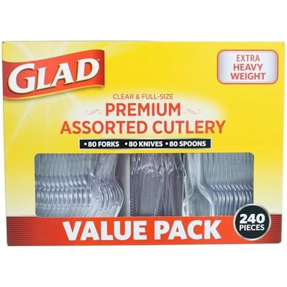 Glad Disposable Cutlery Set - Clear Heavy Duty Plastic Forks, Knives, and Spoons - 240 Piece Plasticware for Parties - Durable, Sturdy