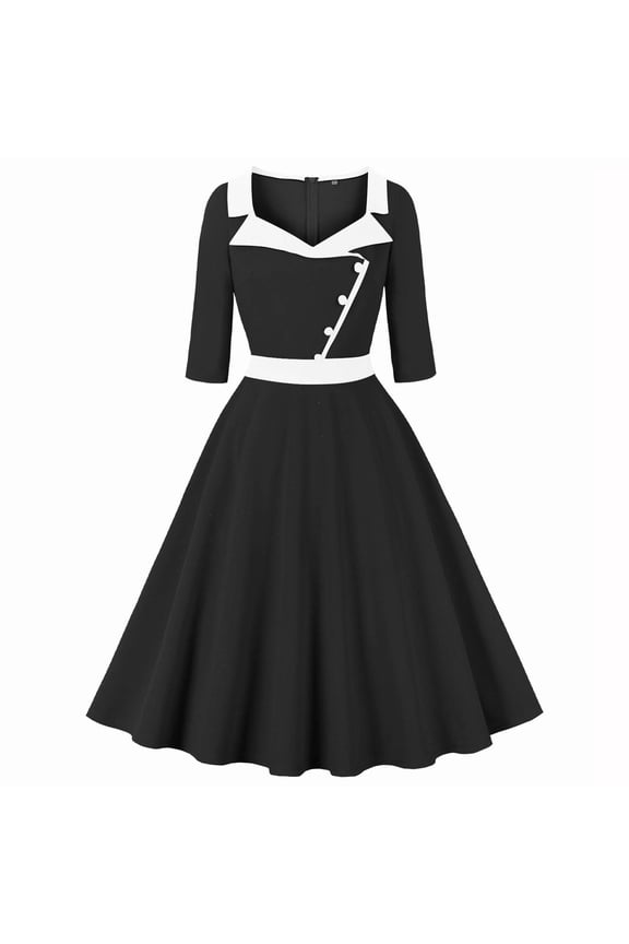 PuLe New Summer Short Sleeve Dress Women 3/4 Sleeve Square Neck Lapel 1950s Vintage Audrey Hepburn Style Cocktail Swing Dresses Retro 50s 60s Wedding Prom Dress