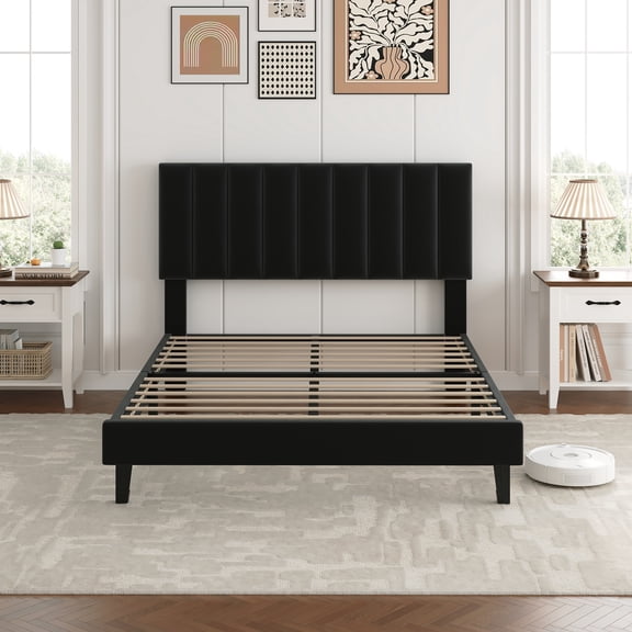 Twin Velvet Upholstered Platform Bed Frame – Adjustable Height Headboard – Sturdy Wooden Slats – No Box Spring Needed – Easy Assembly