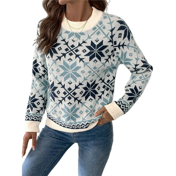 Women Snowflake Pattern Sweater Contrast Trim Crew Neck Long Sleeve Knit Tops Casual Loose Fit Pullover Sweaters Blue L