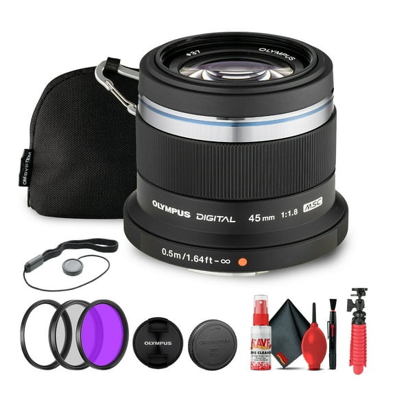 Olympus M.Zuiko Digital 45mm f/1.8 Lens (Black) (V311030BU000) Bundle Including: 3 Piece Filter Kit, Flexible Tripod, Cap Keeper, Full Cleaning Kit