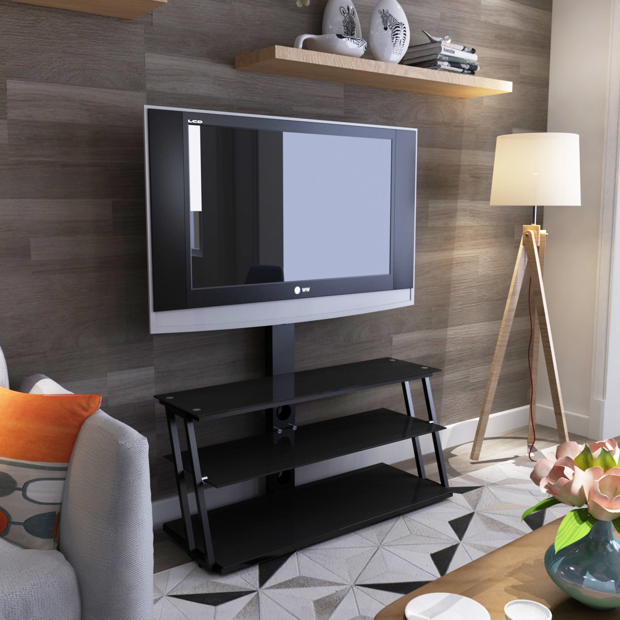 Euroco Black Multi-Function Angle And Height Adjustable Tempered Glass TV Stand