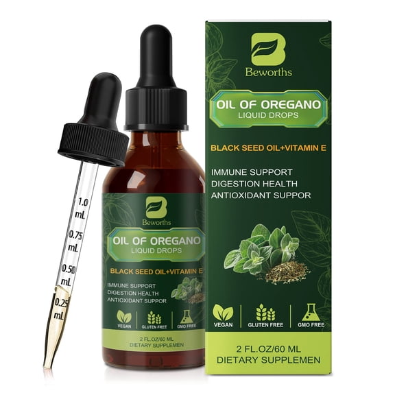 Oregano Oil Drops with Black Seed Oil   Vitamin E for Immune & Digestion Support, 2 FL.OZ (240-day Supply)