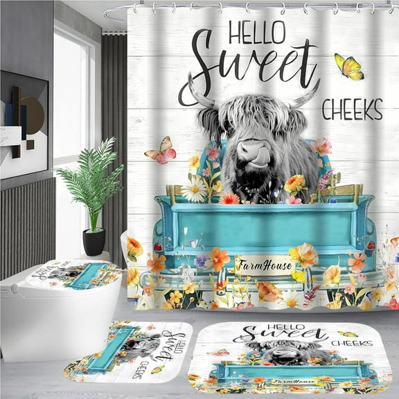 Cow Shower Curtain Set Western Farmhouse Funny Highland Cow Get Naked Animal Print for Non-Slip Bath Rugs Soft Toilet Mat Rustic Bathroom Decor (Yellow)