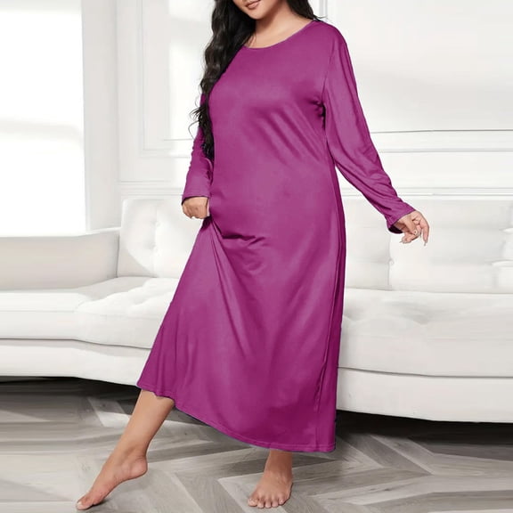 Plus Size Nightgowns for Women Seamless Silk Long Sleeve Crew Neck Sleep Dress