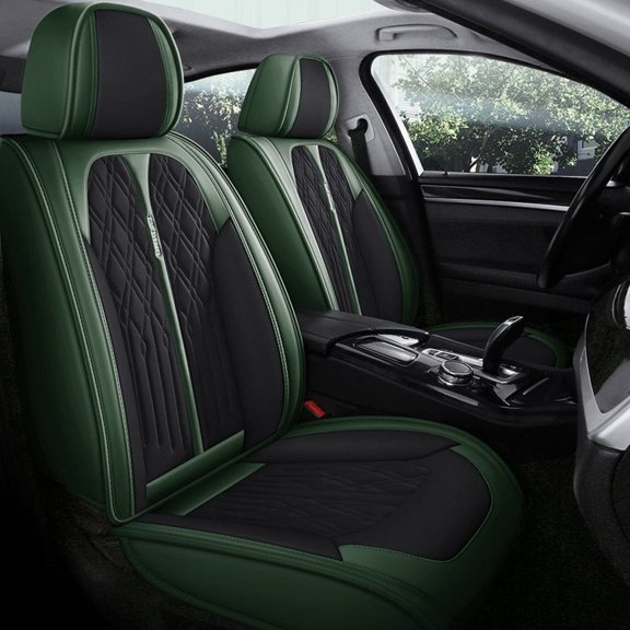 Maidao Car Seat Covers Leather Set Universal Compatible Airbag Water Resistant Front Rear Cushion Protector Black and Green 3Pcs