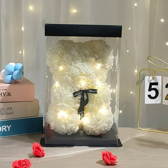 YiBai Eternal Flower PE Rose Bear Birthday Gift Valentine's Day Qixi Gift To Girlfriend Simulation Flower Gift, White