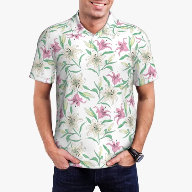 Balery Lilies Flowers Camisa Polo de Hombre con Estampado, de Manga Corta y Tejido Medio, Camisa Tipo Golf Polo-Small