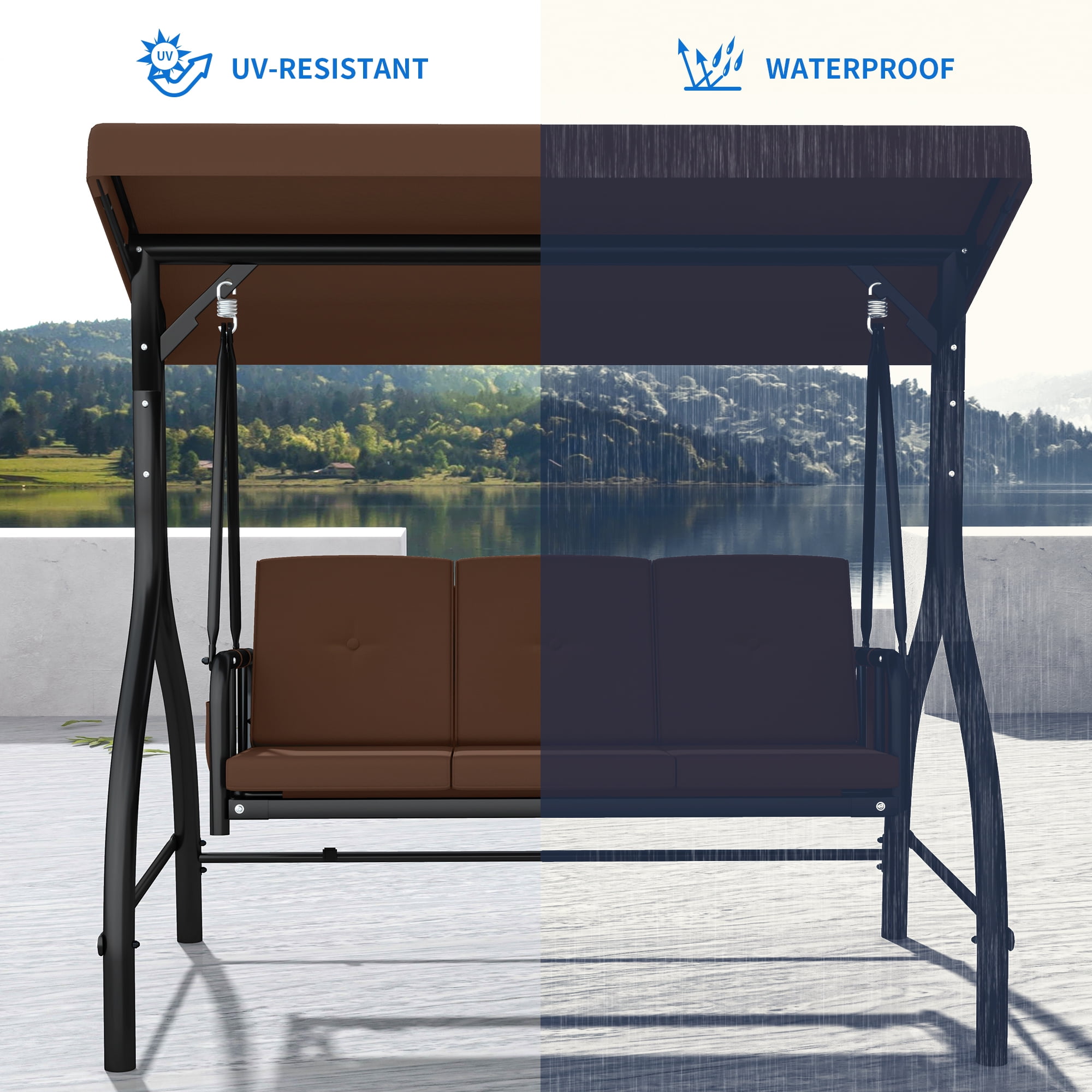 Person Outdoor Porch Swing, Steel Frame Swing Chair With Adjustable