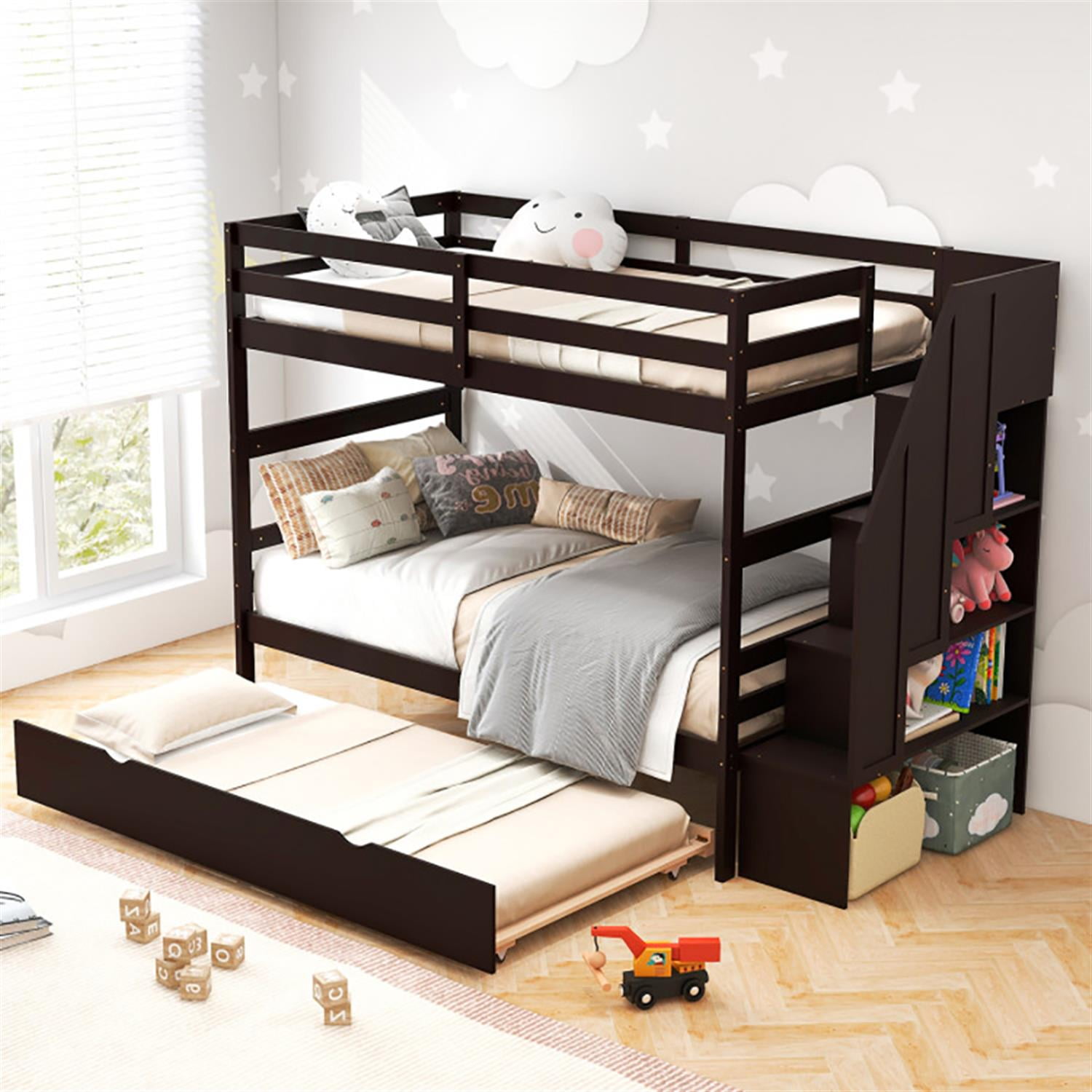 Demi Bonn Home Wood Bunk Bed with Guard Rail and 4-step Storage Stairs, Twin Bunk Beds, No Box Spring Needed, Brown