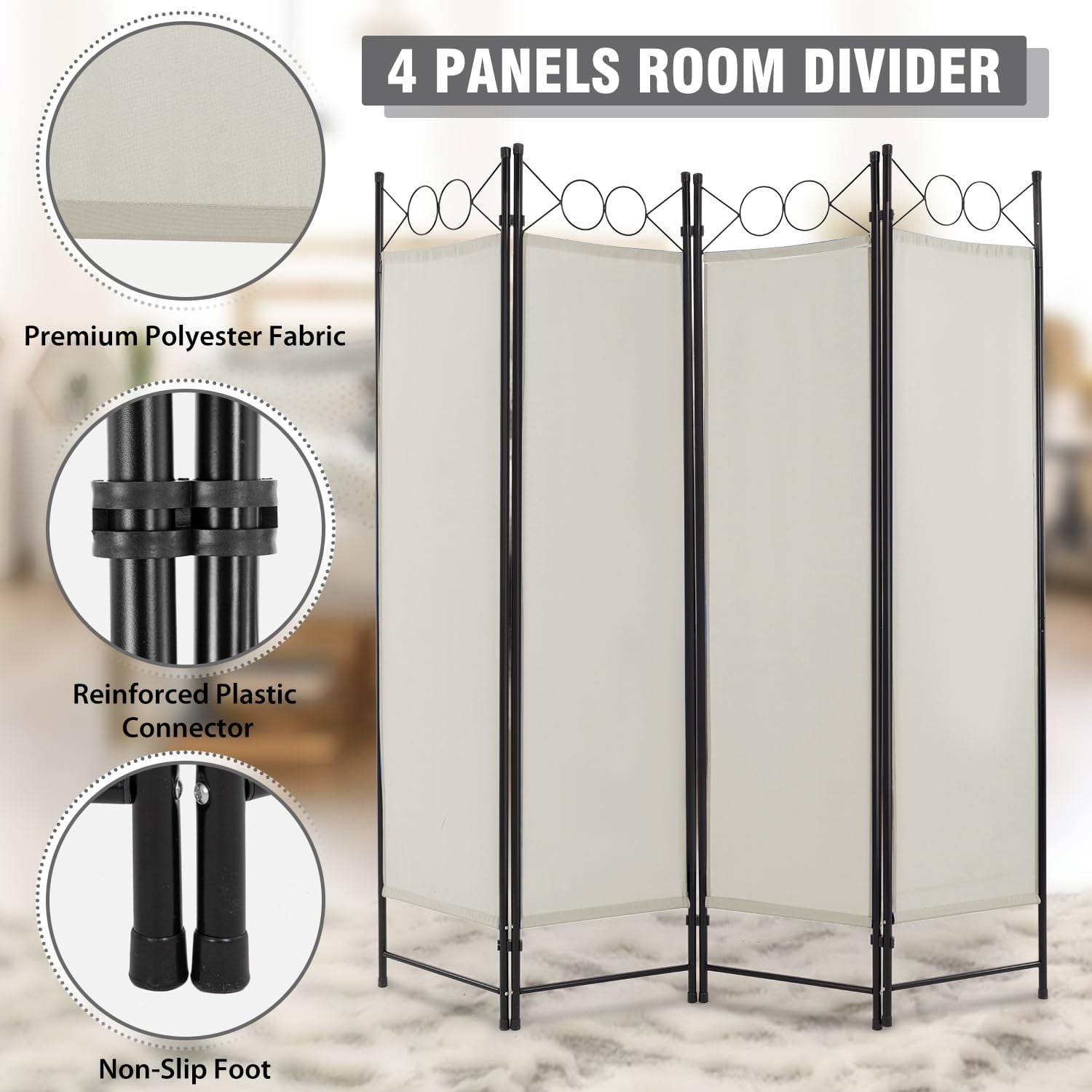 YRLLENSDAN Fabric Room Dividers and Folding Privacy Screens, Cheap Wall Divider for Room Separation, Folding Indoor Freestanding 4 Panels, Beige