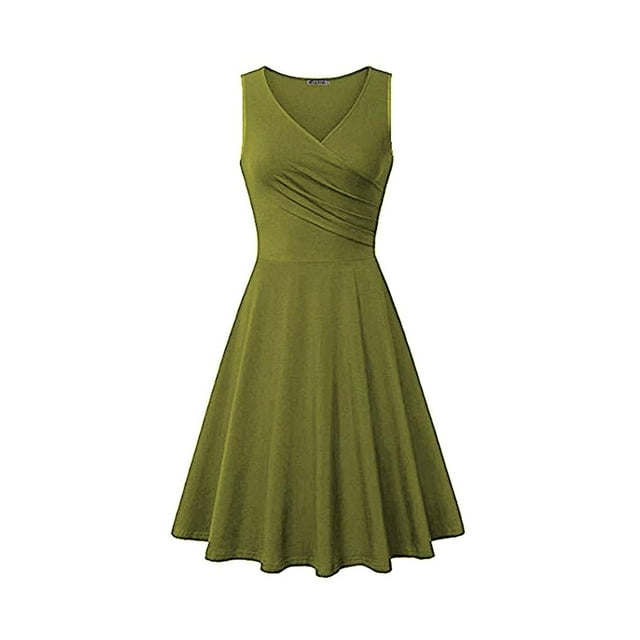 WTXUE Robes Chemises, Robes Chemises Sans Manches pour Thé à Col en V, Robe Décontractée pour Femmes Robe T-Shirt Ajustée Robe Évasée Robe Unie Froncée Robe Unie Mi-Longue pour Femmes, Vert Taille TG