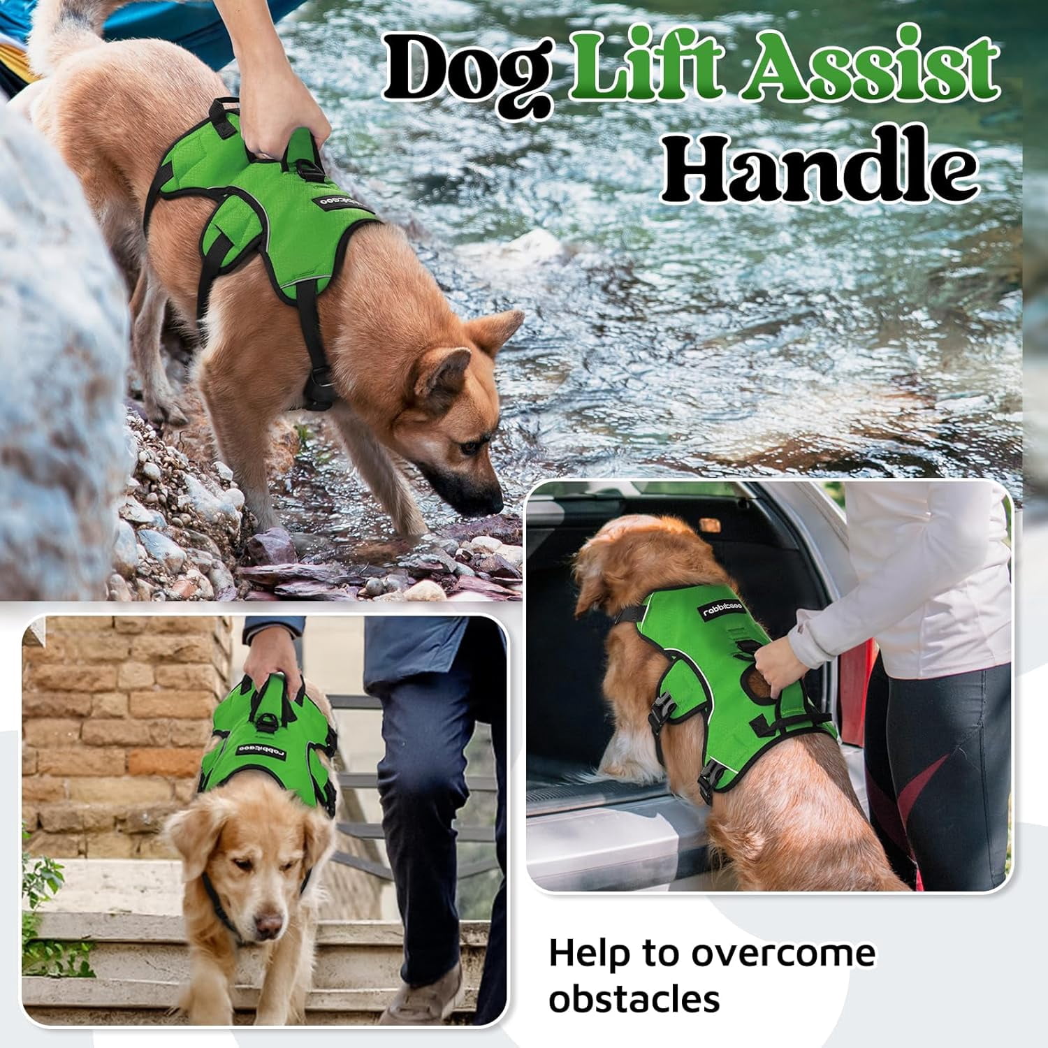 rabbitgoo Escape Proof Dog Harness, Soft Padded Full Body Pet Harness, Reflective Adjustable No Pull Vest with Lift Handle and Lesh Clip for Large Dogs Walking Hiking Training, Green