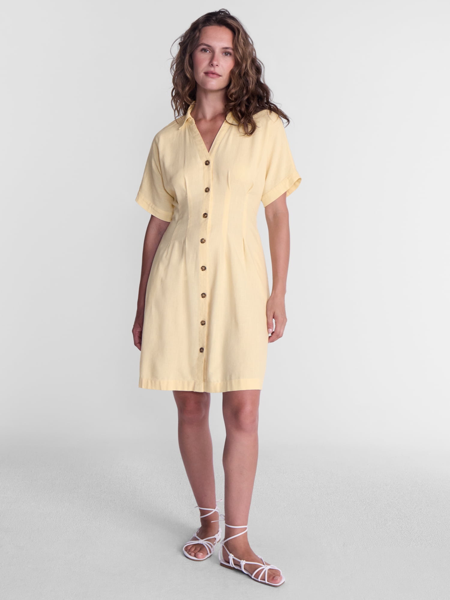 Time and Tru Women's Linen Blend Pleated Mini Shirtdress with Short Sleeves, Sizes XS-XXXL