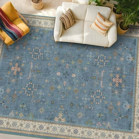 Boho 8×10 Large Area Rugs for Living Room – Eclectic Dusky Blue Rug for Bedroom Under Bed Dining Room Under Kitchen Table Washable Soft Non Slip Unique Colorful Indoor Décor