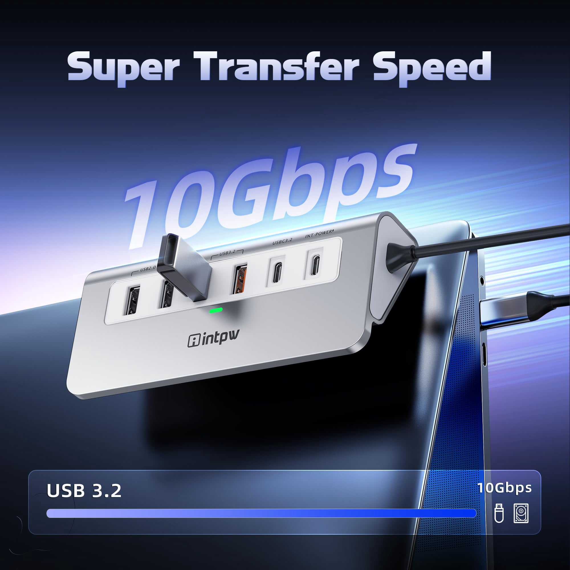 INTPW Powered USB C Hub for Laptop, 9-Port USB Hub with 10Gbps Data Transfer, 4K HDMI, 100W PD Charging, Multiport Adapter for MacBook, Windows PC