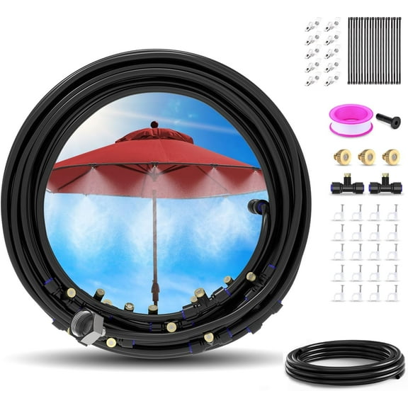72FT Misting Cooling System, 59FT(18m) Extra 13FT(4m) Misting Line, Misters System for Outdoor Patio Garden Greenhouse Pasture with 18 T-Joints 18 Mist Nozzles 3/4” Brass Adapter