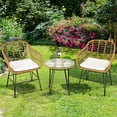 thumbnail image 4 of 3 Pieces Patio Bistro Set, Rattan Conversation Set with 2 Cushioned Armchairs & Round Glass Coffee Table, Indoor Outdoor Wicker Furniture Set for Balcony, Backyard, Garden, Poolside (White), 4 of 8