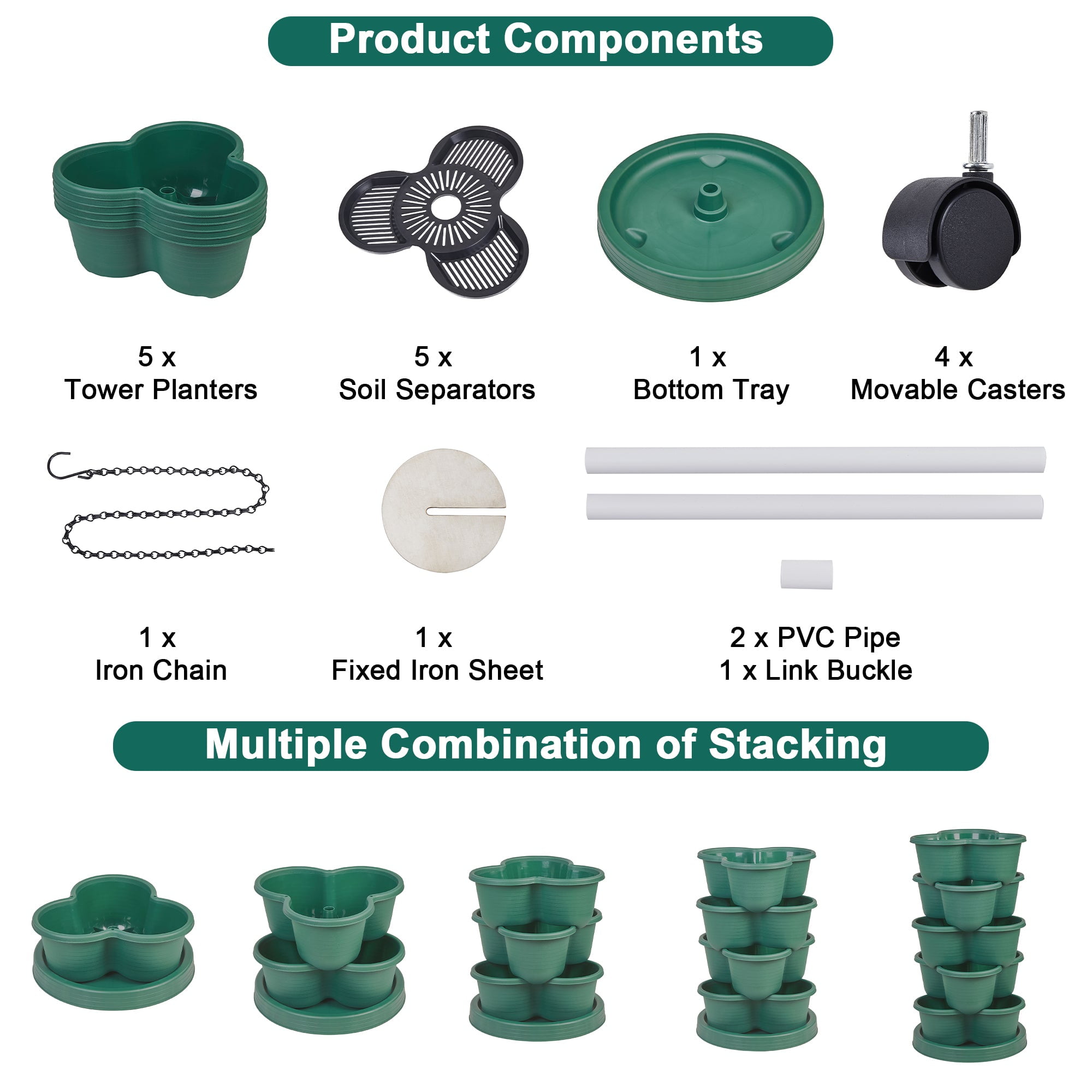 VECELO Stackable Planters 5 Tier Vertical Gardening Planter, Stackable Garden Tower Indoor Outdoor Pot For Strawberries, Flowers, Herbs, Vegetables With Removable Wheels, Dark Green