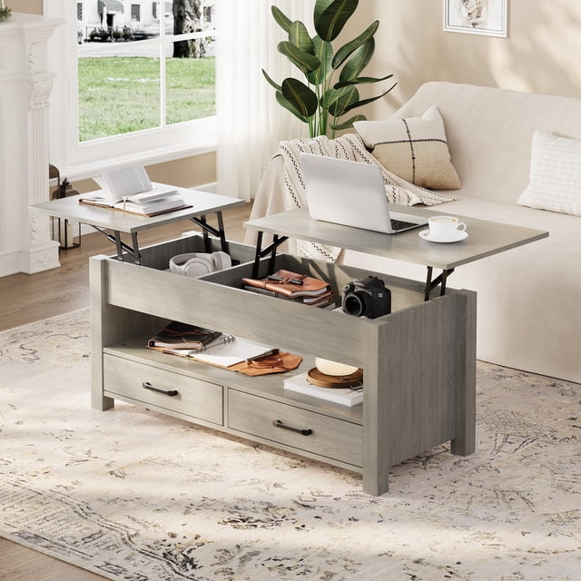 Table Basse à Plateau Relevable avec Rangement – Table Centrale en Bois de 47,2 Pouces, 2 Tiroirs, Compartiment Caché, Hauteur Réglable, Multifonctionnelle pour Salon/bureau à Domicile – Gris