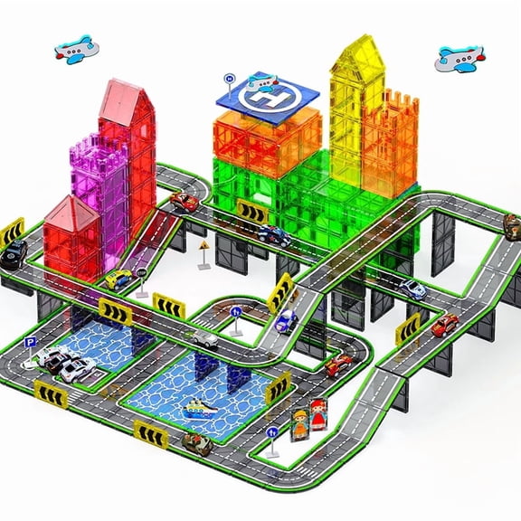 SKTMYY 121PCS Magnetic Tiles Building Blocks Road Set with Cars and Traffic Signs, STEM Educational Toy for Kids Ages 3