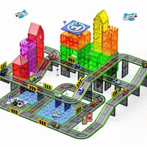 SKTMYY 121PCS Magnetic Tiles Building Blocks Road Set with Cars and Traffic Signs STEM Educational Toy for Kids Ages 3+