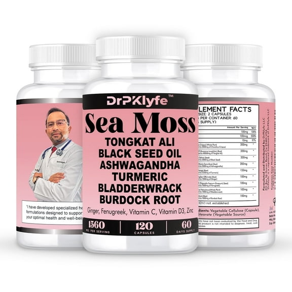 Sea Moss 3000mg Black Seed Oil 2000mg Ashwagandha 2000mg Ginger, Turmeric, Bladderwrack, Burdock Root & More - All in One Supplement 120 Vegan Capsules