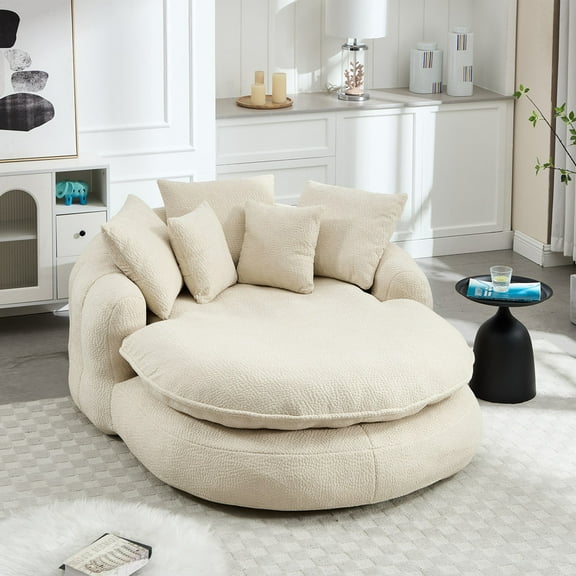 Mirightone Oversized Oval Upholstered Bean Bag Sofa with Pillows, Chenille Fabric Lazy Floor Bean Bag Sofa Wrap Around Backrest for Adults – Beige