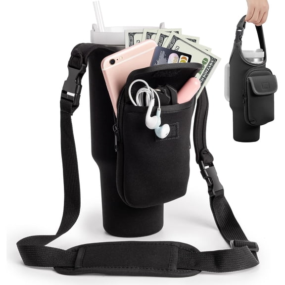CozyNestFinds Carrier Bag with Phone&Flap Pockets for Stanley 40/30oz Tumbler with Handle, Insulated Neoprene Cup Holder Carrier Bag w/Shoulder & Handheld Strap Fits Stanley Cup Accessories