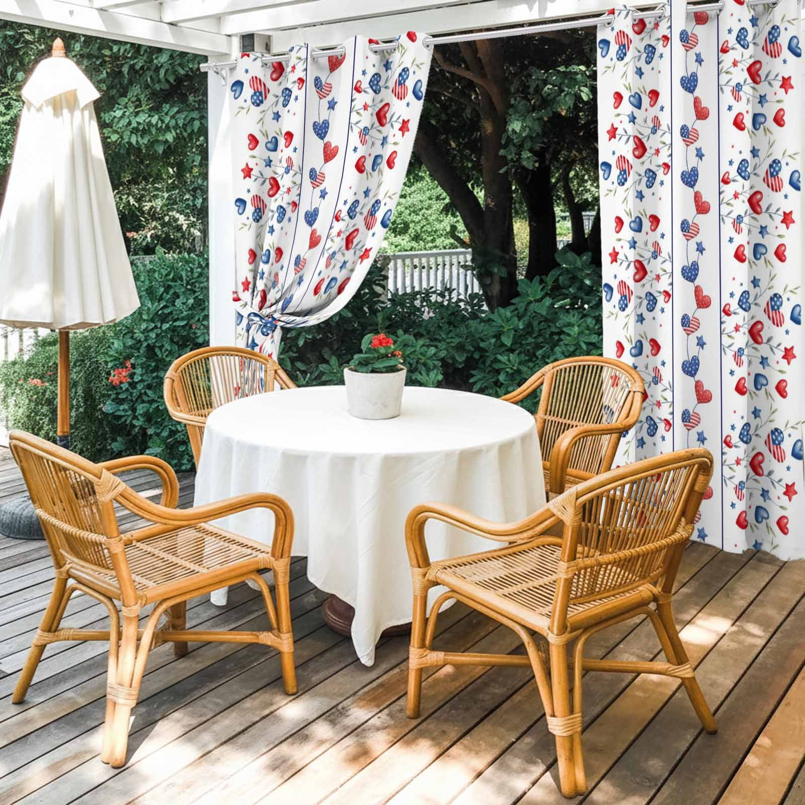 Independence Day Outdoor Curtains for Patio, Red Blue Love Stars Flags Green Leaf Sunshade Privacy Drapes Grommet Waterproof Outside Curtains for Porch/Cabana/Balcony 54"x 108", 1 Panel