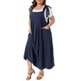 thumbnail image 4 of Agnes Orinda Women's Plus Size St. Patrick's Day Pinafore Dress Tie Shoulder Strap Pleated Jumper Dress Casual Overall Dress with Pockets 3X Blue, 4 of 5