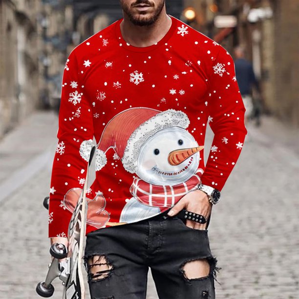 Blusas y camisas de manga larga y cuello redondo para hombre, informales, a la moda, con estampado navideño, cuello redondo, blusas de licra de manga larga para hombre.