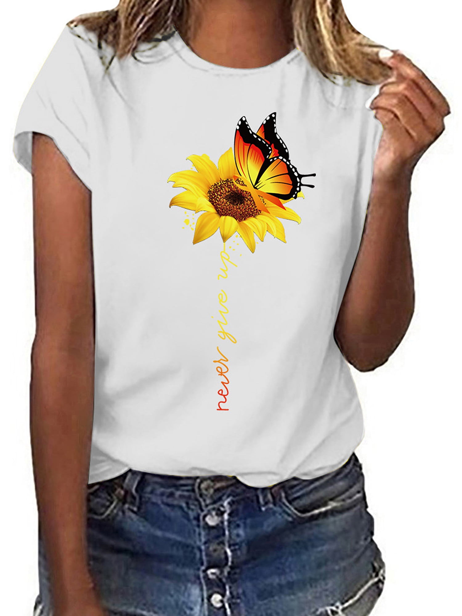 Womens Short Sleeve Casual Crop top 2019 Ladies Summer Rewneck Sunflower Print Shirt T-Shirt Top 