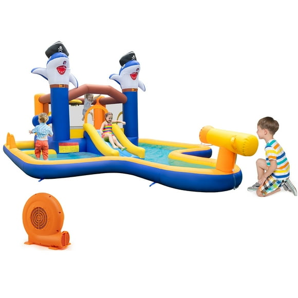 Gymax Inflatable Water Slide Park Bounce House Splash Pool Water Cannon w/ 750W Blower