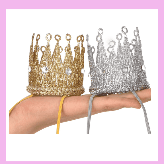 Mini Crowns with Rhinestones, Elastic Band, Includes One Silver and One Gold, 2 Pack