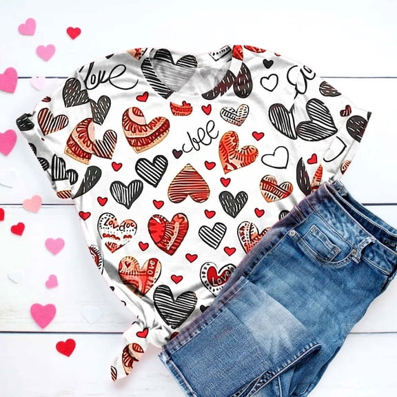 Jsaierl Valentine's Day Shirts for Women Cute Love Heart Print Tees Work Short Sleeve Blouse Crewneck Dressy Casual T-shirt Tops Womens Fashion