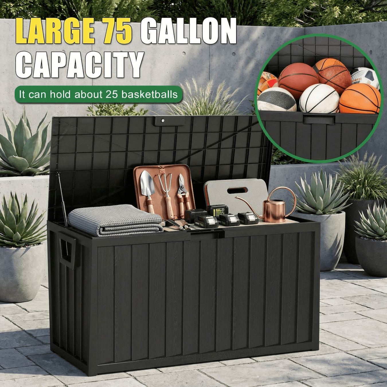 75 Gallon Outdoor Storage Box, Waterproof Lockable Deck Box, Heavy Duty Patio Cushion Storage Bin with Wheels & Seat, Resin Outdoor Storage for Garden Tools, Pool & Backyard – Black