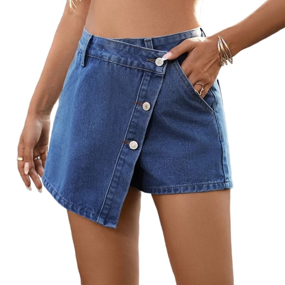 Women Casual High Waisted Solid Button Up Asymmetrical Denim Jean Skort Skirt Mini Shorts Deep Blue L