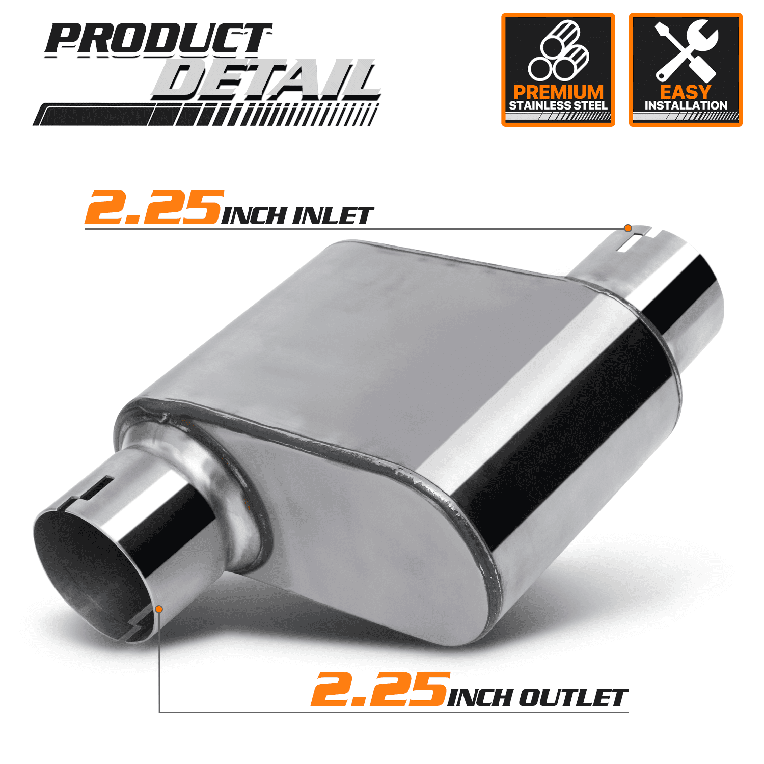 M-AUTO 2.25 Inch Inlet/Outlet 1Pair Chambered Exhaust Muffler Straight-Through Stainless Steel Round Tip,Chrome