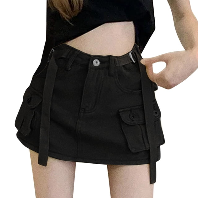 Aayomet Mini Jupes pour Femmes Taille Basse Jupe en Jean Courte (Noir, P)