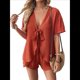 thumbnail image 1 of Conjunto de Dos Piezas para Mujer: Camiseta y Pantalones Cortos con Escote en V, Corta, Lazo y Abertura. Conjunto de Dos Piezas para Estar en Casa. Color Naranja L, 1 of 10